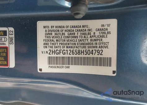 2008 Honda Civic Lx из США, поврежденный, VIN 2HGFG12658H504792